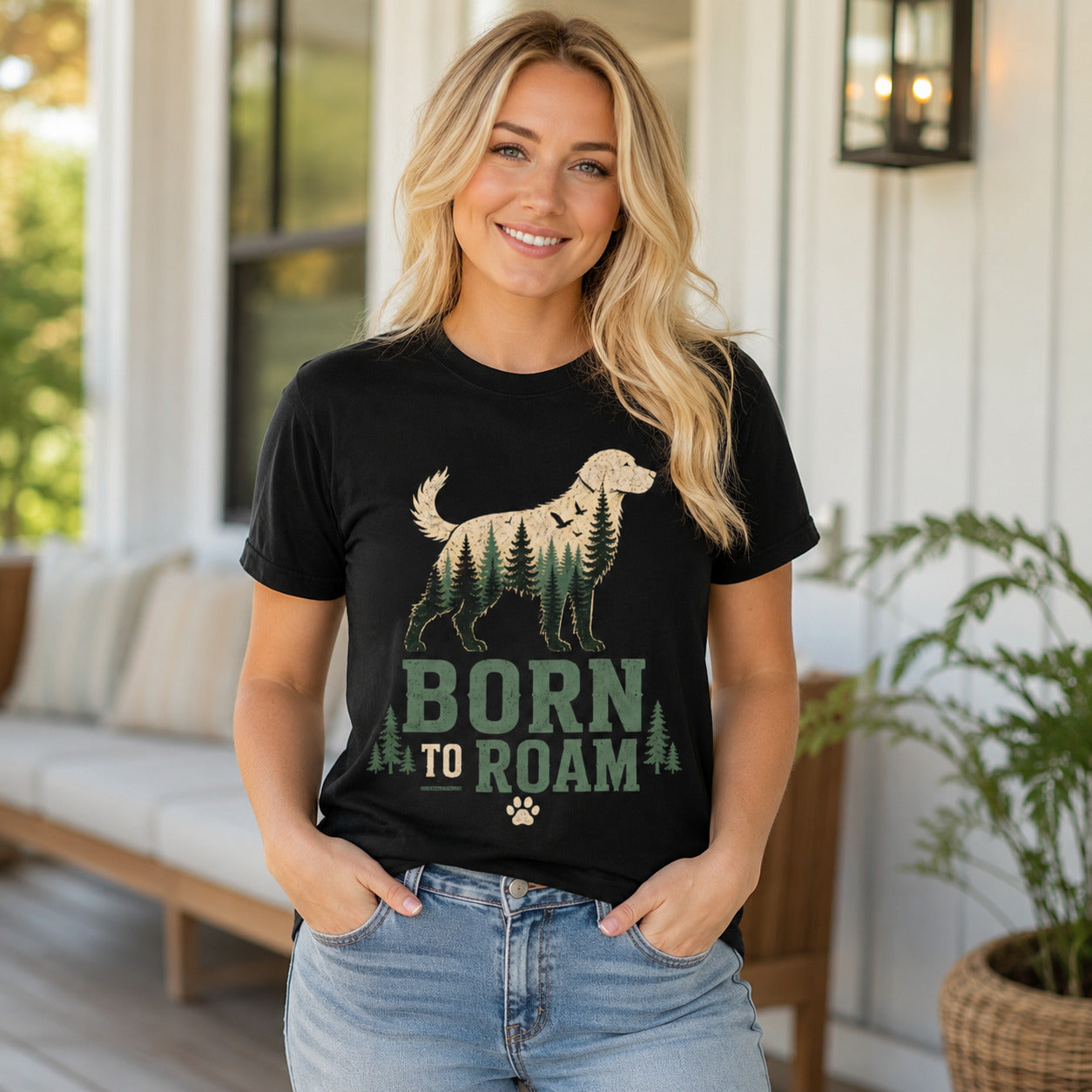 Woman standing on a porch wearing black 'Born to Roam' dog t-shirt