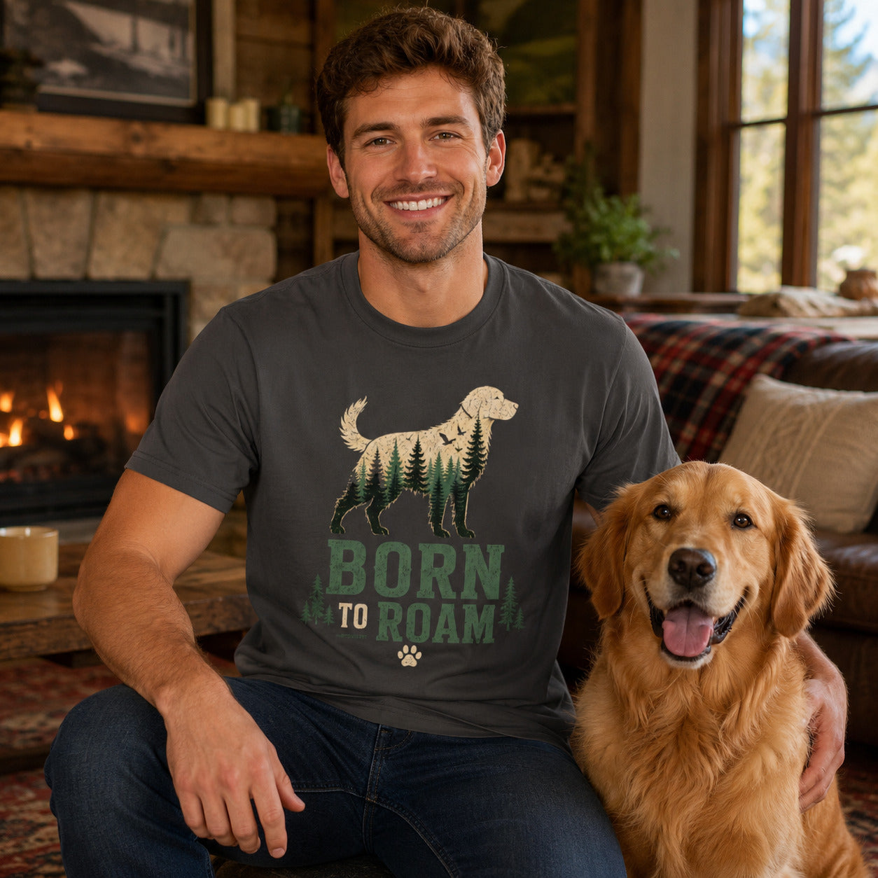 Man sitting by a fireplace with his golden retriever, wearing graphite 'Born to Roam' dog t-shirt