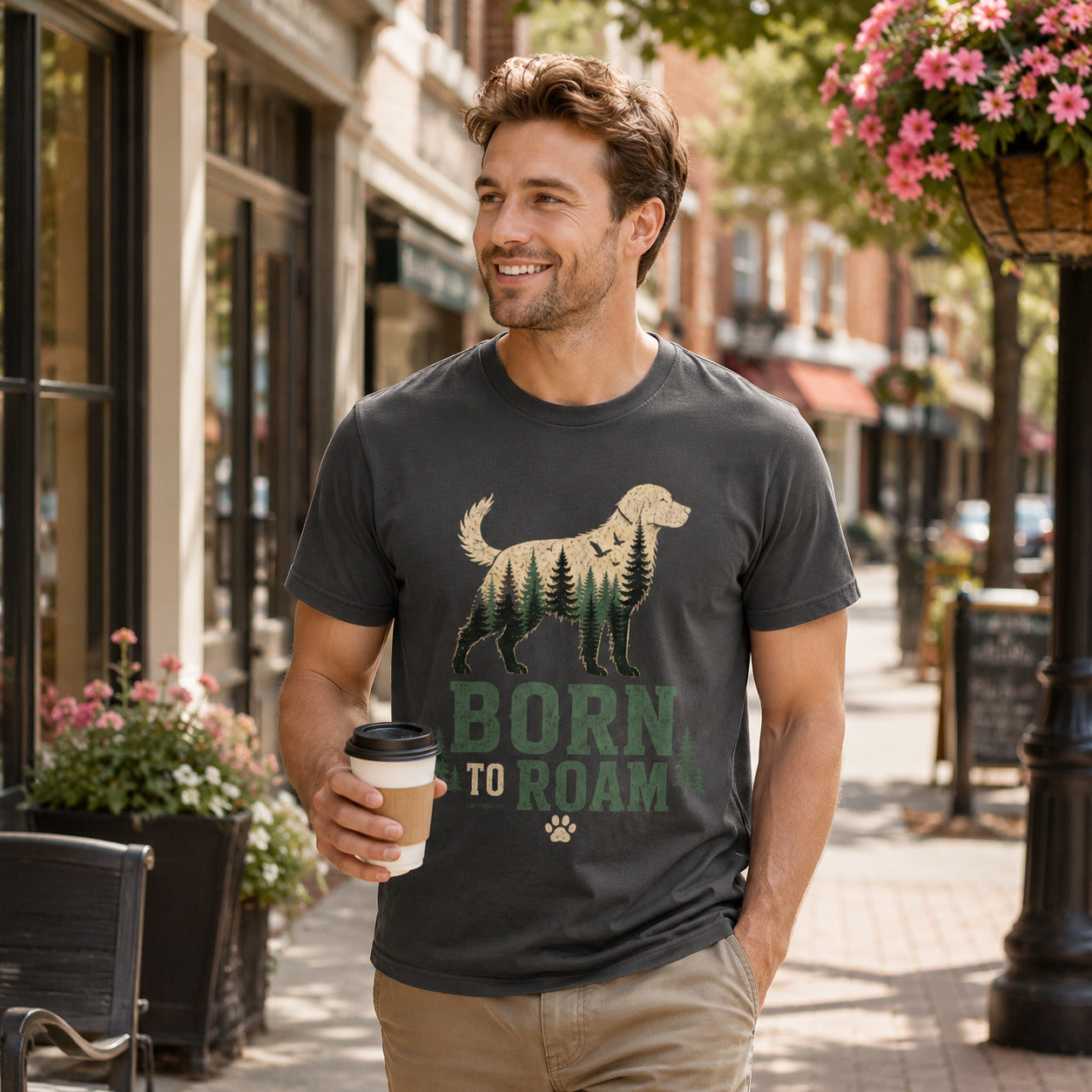 Man walking down a street holding coffee, wearing graphite 'Born to Roam' dog t-shirt