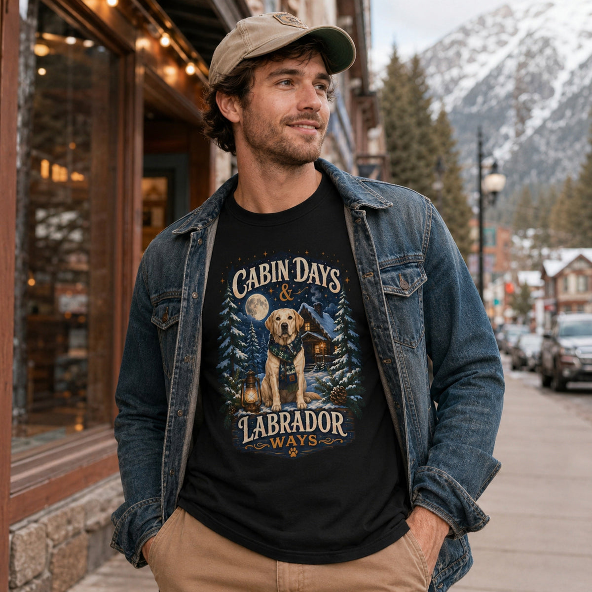 Man wearing a black Cabin Days & Labrador Ways T-shirt with a Labrador design in a snowy cabin town street scene.