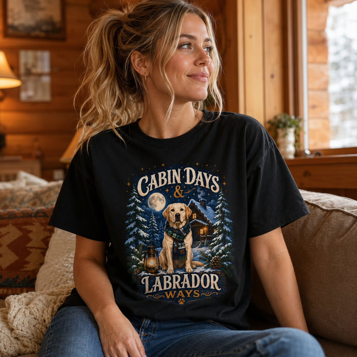 Woman wearing a black Cabin Days & Labrador Ways T-shirt with a Labrador design while sitting on a sofa inside a cozy cabin.