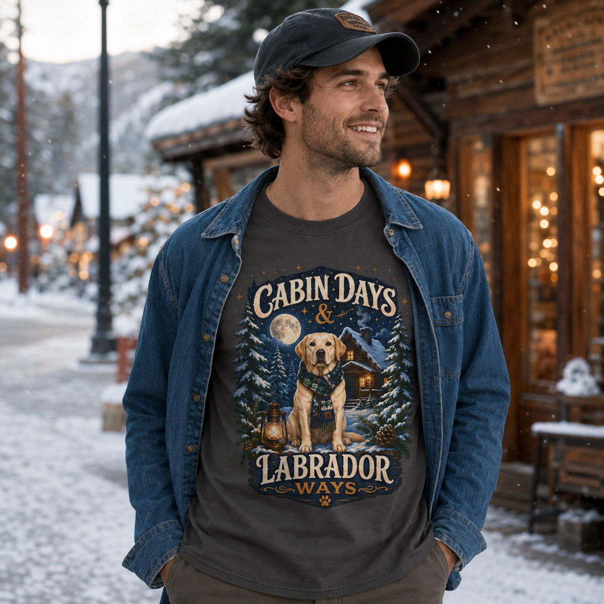 Man wearing a graphite Cabin Days & Labrador Ways T-shirt with a Labrador design in a snowy cabin town street scene.