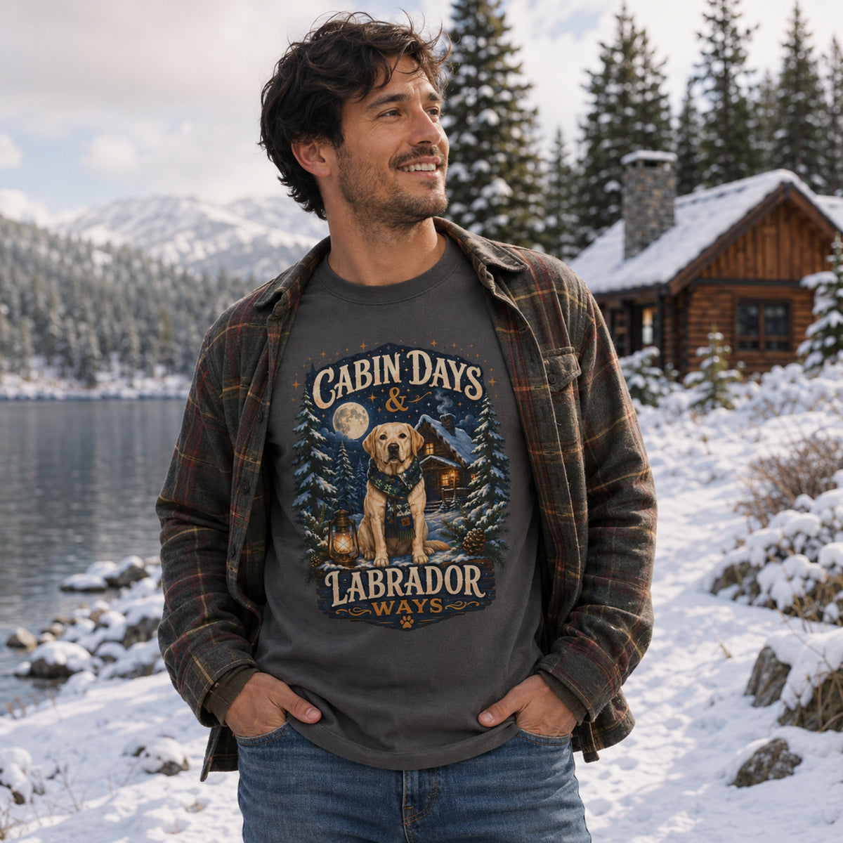 Man wearing a graphite Cabin Days & Labrador Ways T-shirt with a Labrador design in a snowy lakeside cabin scene.