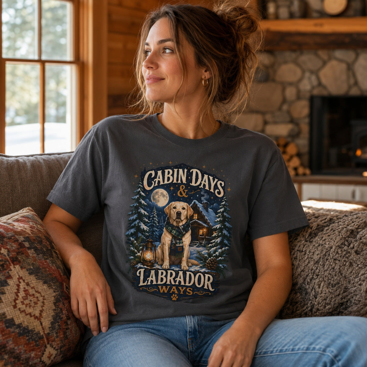 Woman wearing a graphite Cabin Days & Labrador Ways T-shirt with a Labrador design while sitting on a sofa inside a cozy cabin.
