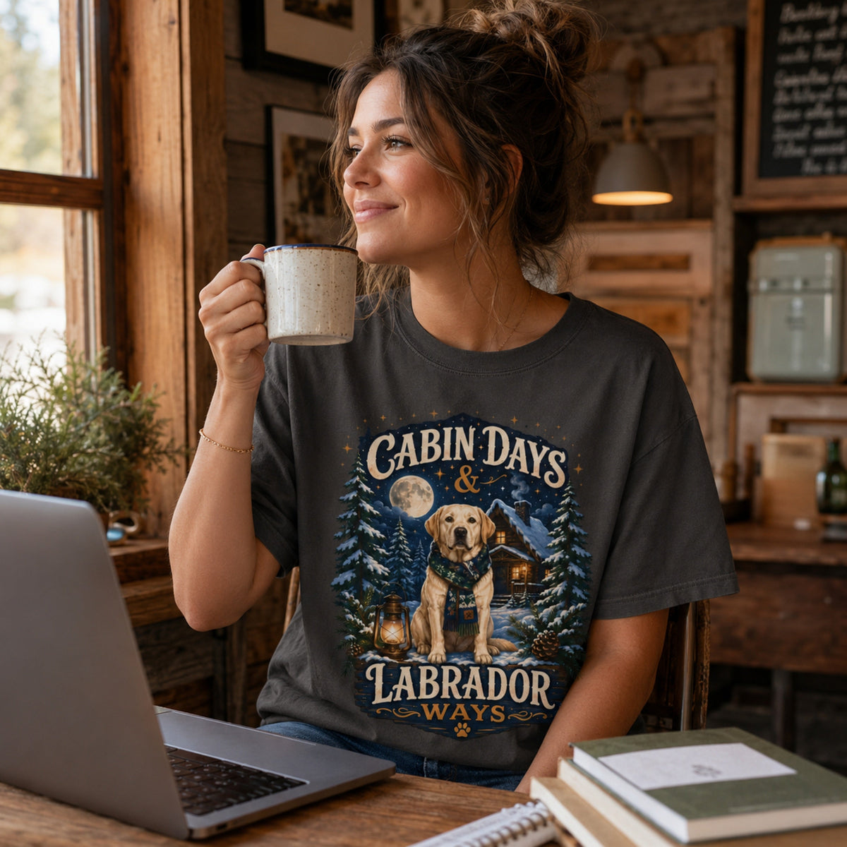 Woman wearing a graphite Cabin Days & Labrador Ways T-shirt with a Labrador design while holding coffee near a laptop and books.