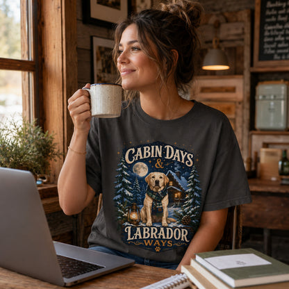 Woman wearing a graphite Cabin Days & Labrador Ways T-shirt with a Labrador design while holding coffee near a laptop and books.