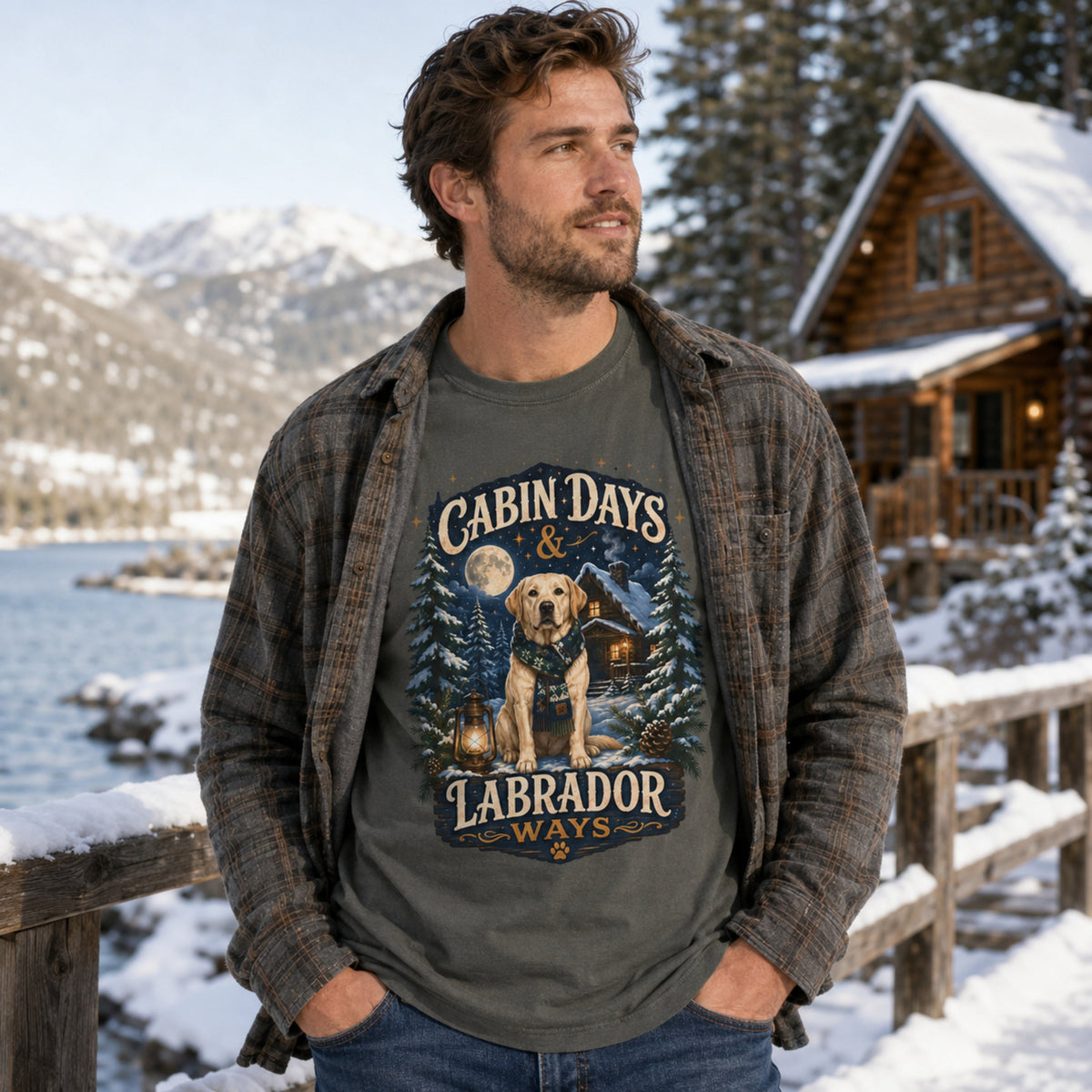 Man wearing a pepper Cabin Days & Labrador Ways T-shirt with a Labrador design in a snowy lakeside cabin scene.