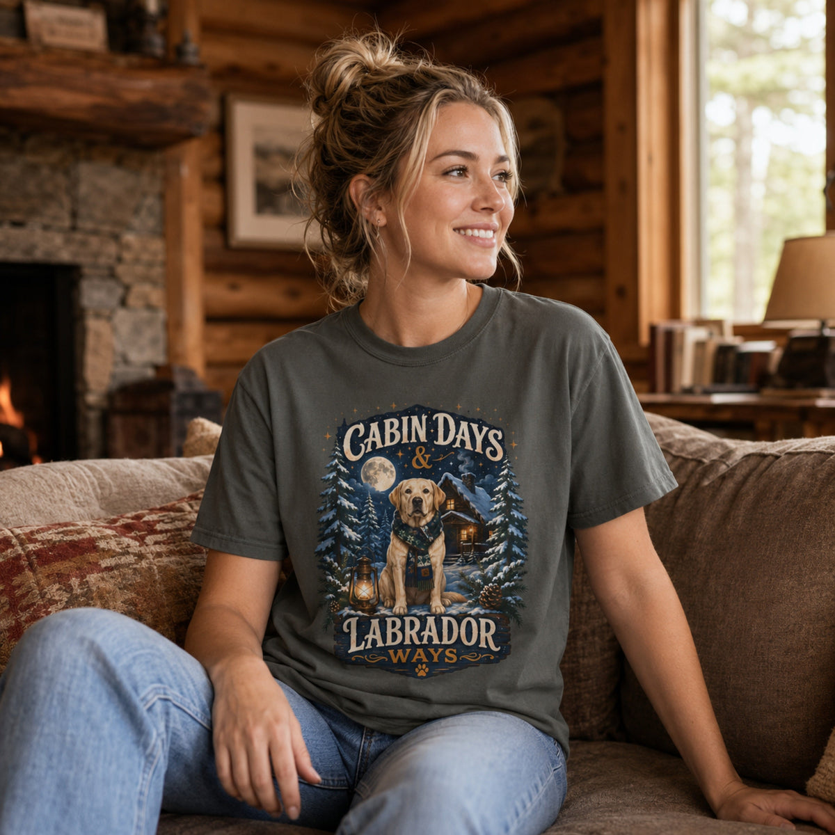 Woman wearing a pepper Cabin Days & Labrador Ways T-shirt with a Labrador design while sitting on a sofa inside a cozy cabin.
