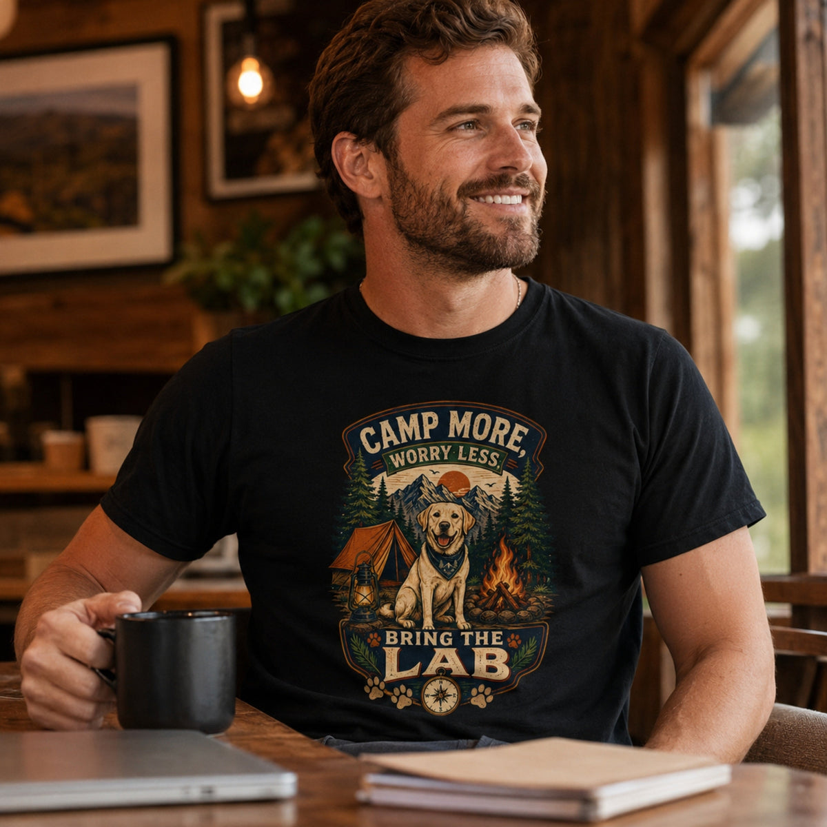 Man wearing a black Camp More Worry Less Bring The Lab T-shirt with coffee and laptop accessories while the Labrador camping print remains unobstructed.