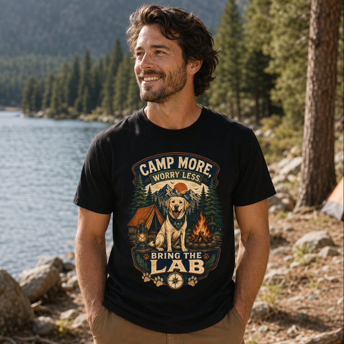 Man wearing a black Camp More Worry Less Bring The Lab T-shirt in a lakeside camping scene with the Labrador outdoor graphic centered on the chest.