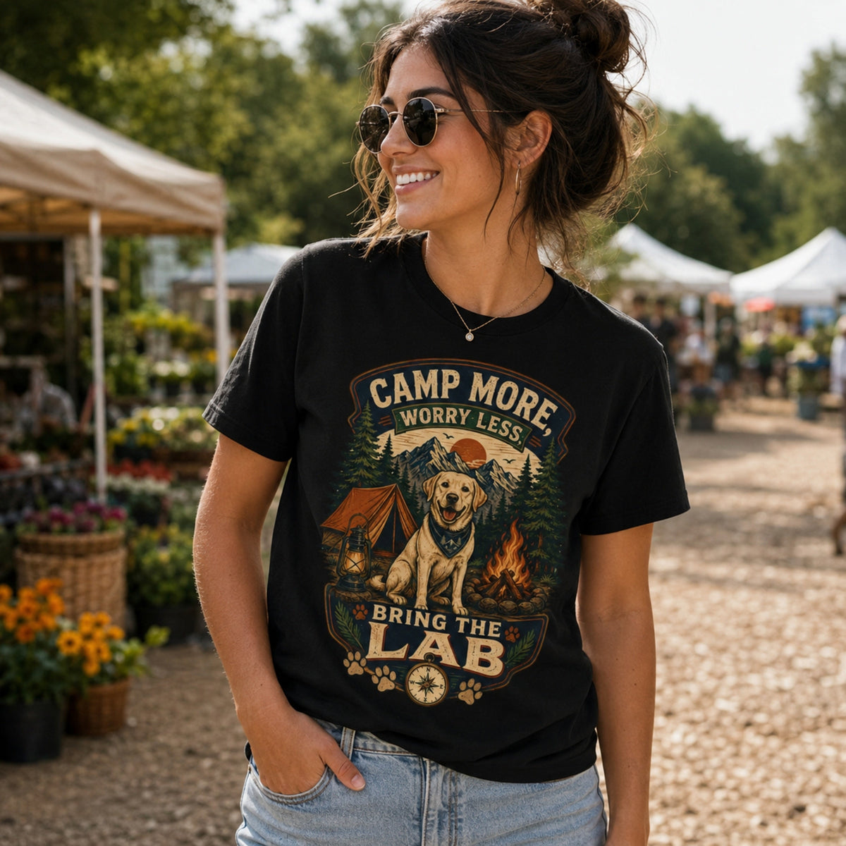 Woman wearing a black Camp More Worry Less Bring The Lab T-shirt at an outdoor market with the Labrador camping design centered and readable.