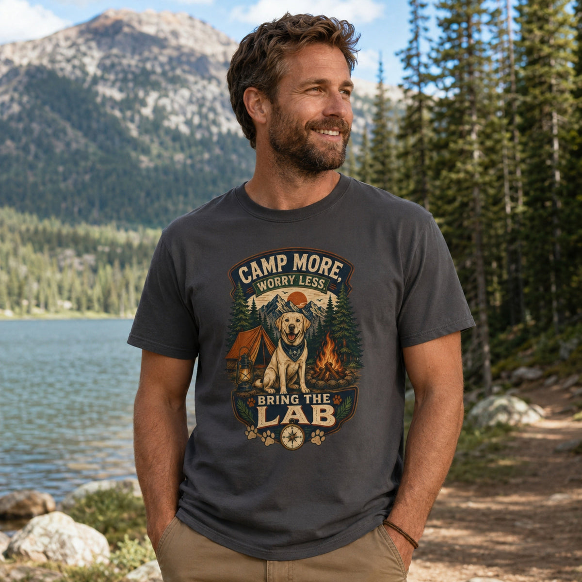 Man wearing a graphite Camp More Worry Less Bring The Lab T-shirt by a lakeside mountain campsite with the Labrador outdoor graphic centered.