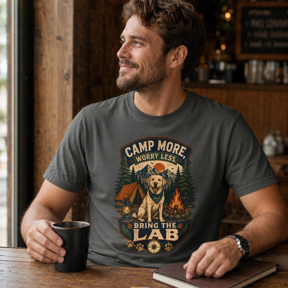 Man wearing a pepper Camp More Worry Less Bring The Lab T-shirt with coffee and notebook accessories while the Labrador camping graphic remains clear.