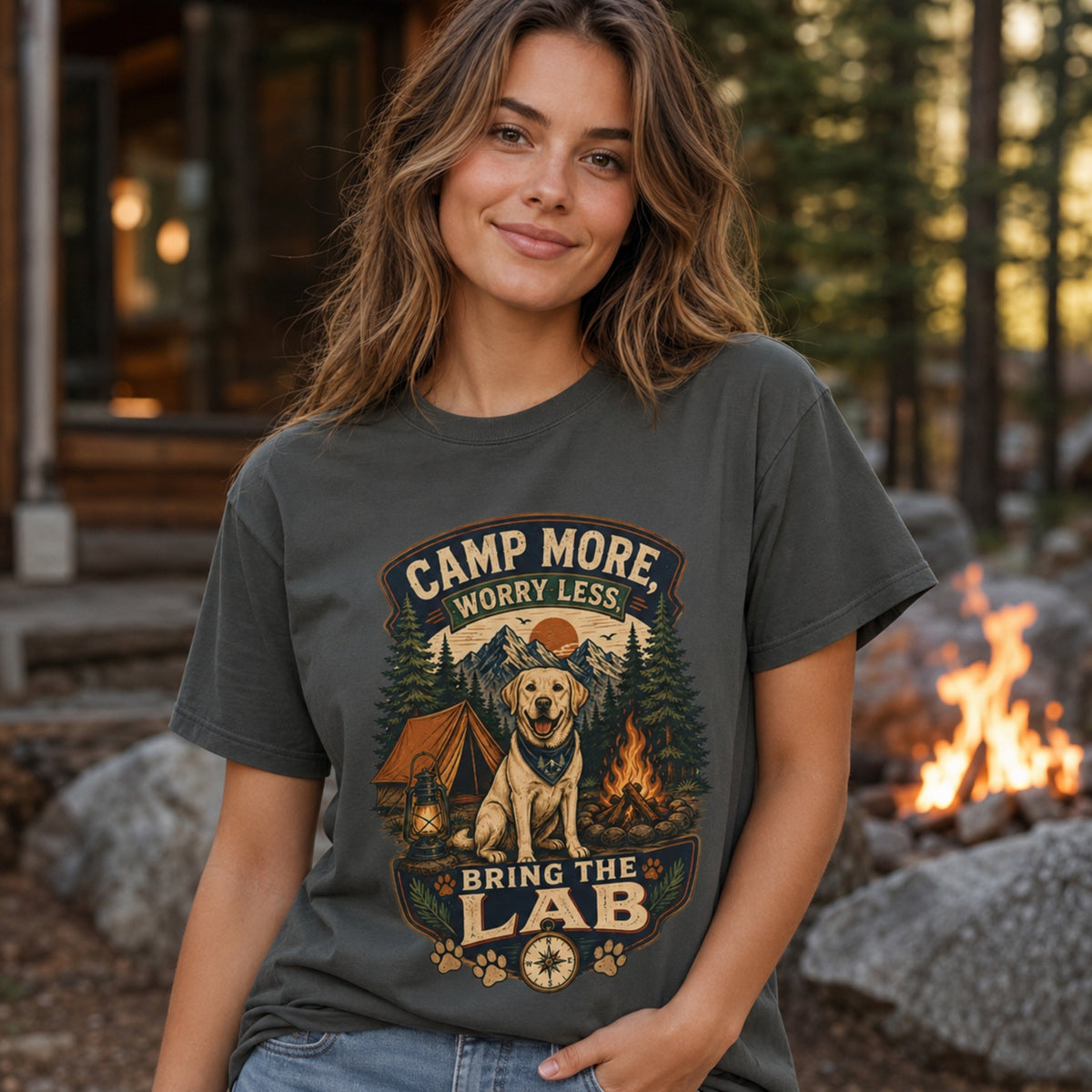 Woman wearing a pepper Camp More Worry Less Bring The Lab T-shirt near a cabin campfire with the Labrador camping design clearly visible.