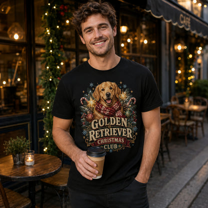 Model wearing a black Christmas Club t-shirt with a Golden Retriever in a Christmas scene