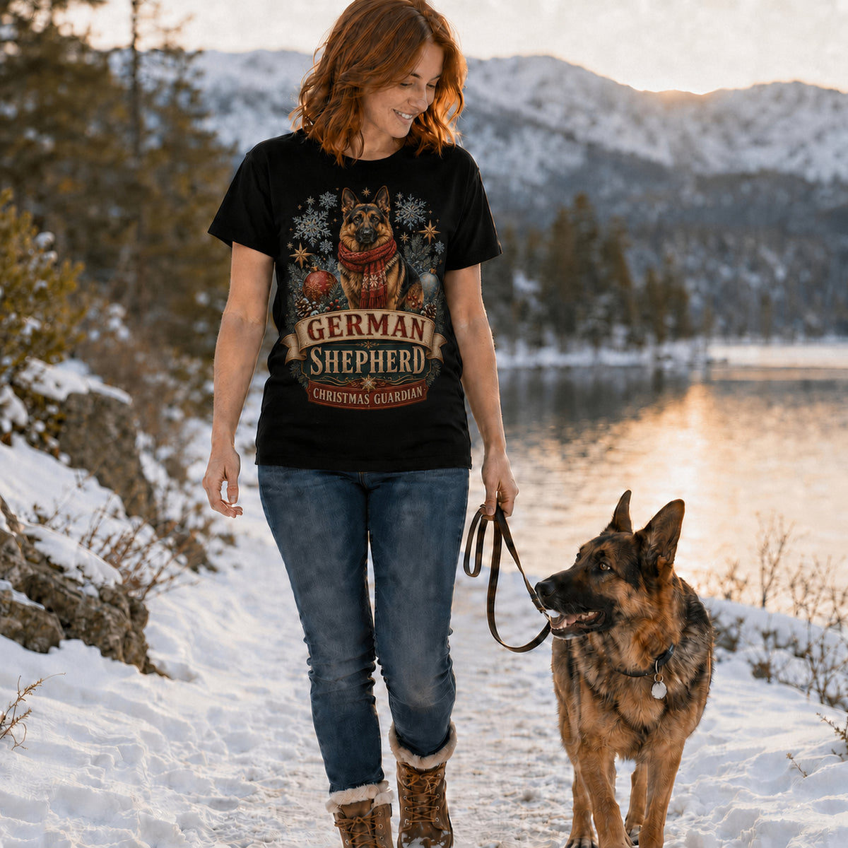 Model wearing a black Christmas Guardian t-shirt with a German Shepherd in a Christmas scene