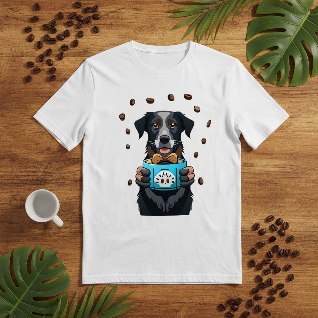 Flat lay of a white Coffee & Canine Vibes t-shirt with a Labrador graphic surrounded by coffee beans