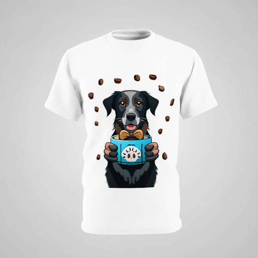 Flat studio shot of a white Coffee & Canine Vibes t-shirt with a Labrador graphic