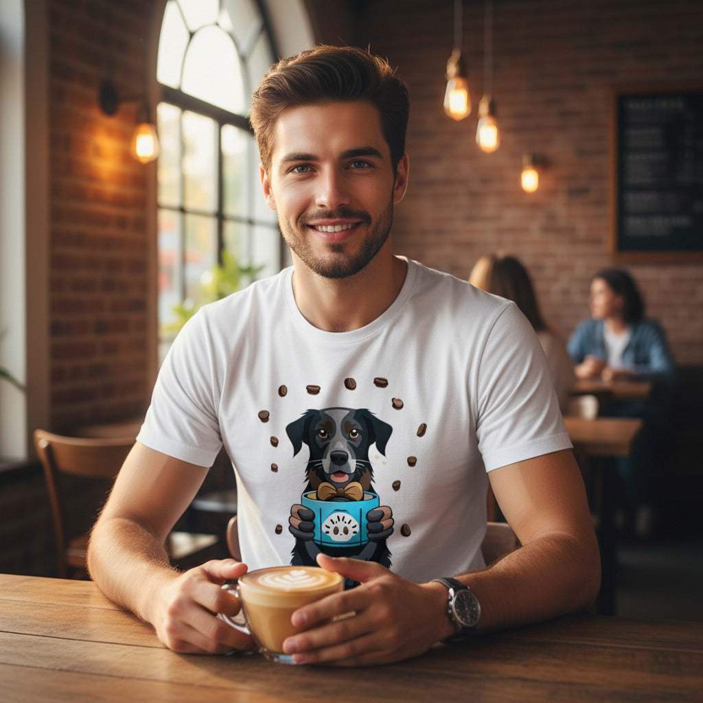 Man wearing a white Coffee & Canine Vibes t-shirt with a Labrador graphic in a cafe
