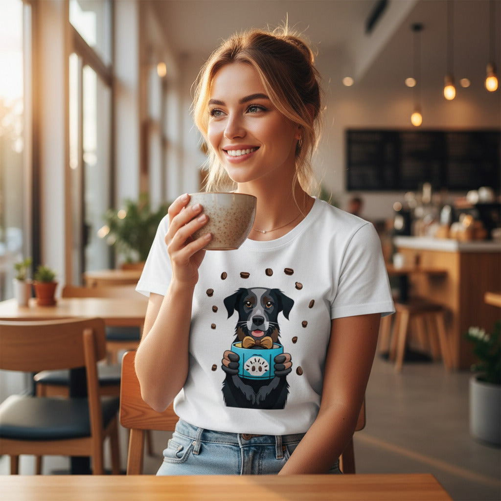 Woman wearing a white Coffee & Canine Vibes t-shirt with a Labrador graphic in a cafe