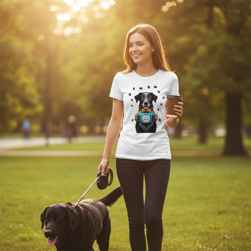 Woman wearing a white Coffee & Canine Vibes t-shirt with a Labrador in a park