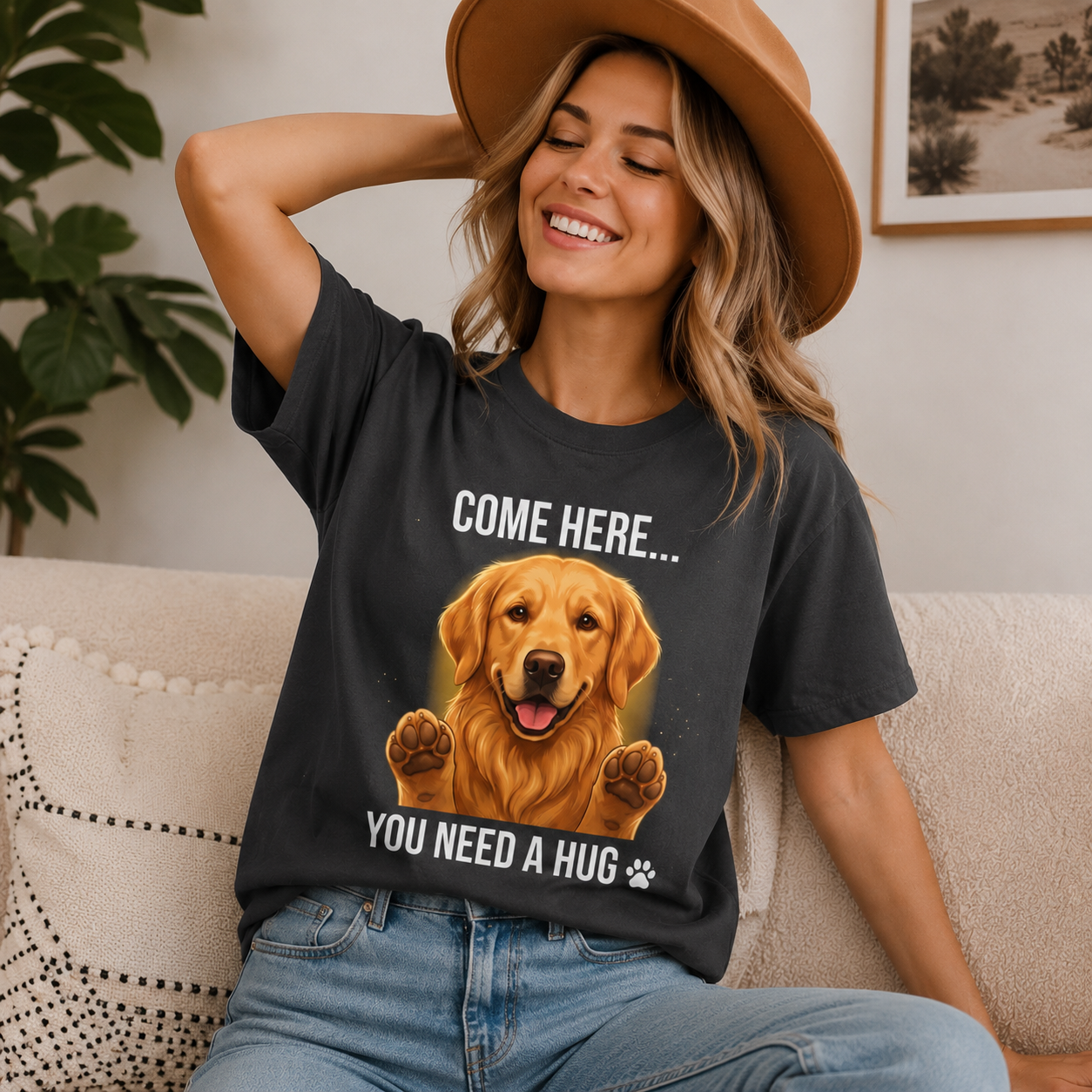 Woman wearing a graphite Come Here You Need a Hug t-shirt with a Golden Retriever in a casual indoor scene