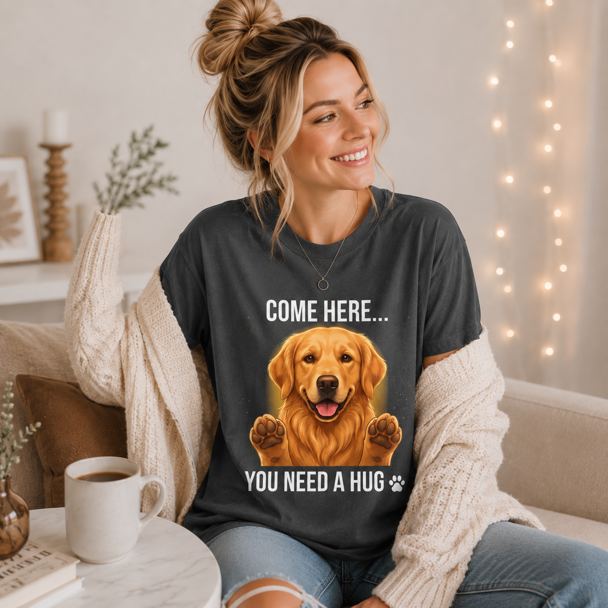 Woman wearing a graphite Come Here You Need a Hug t-shirt with a Golden Retriever in a cozy room with fairy lights