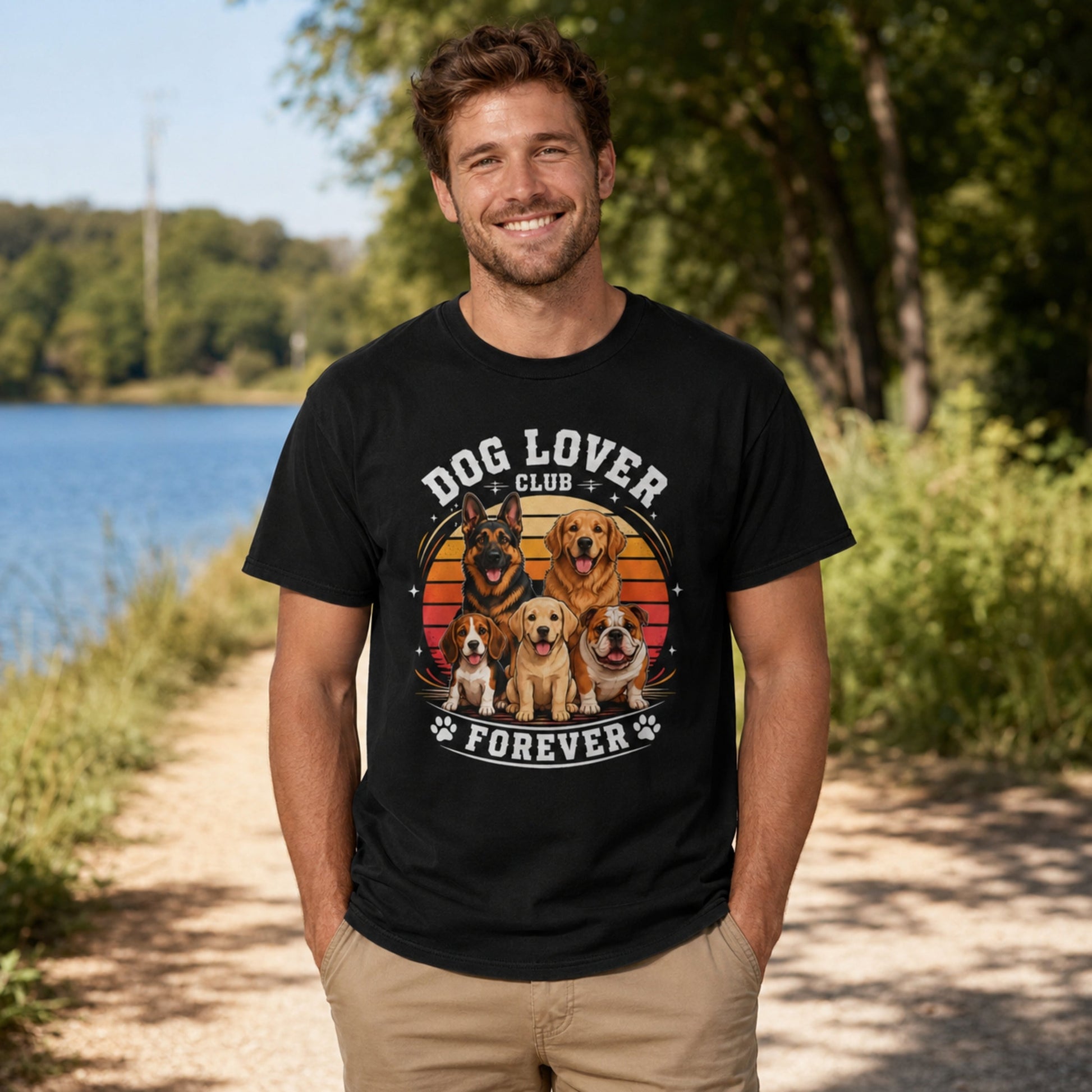 Man wearing a black Dog Lover Club Forever T-shirt with multi-breed dog artwork on a lakeside walking path