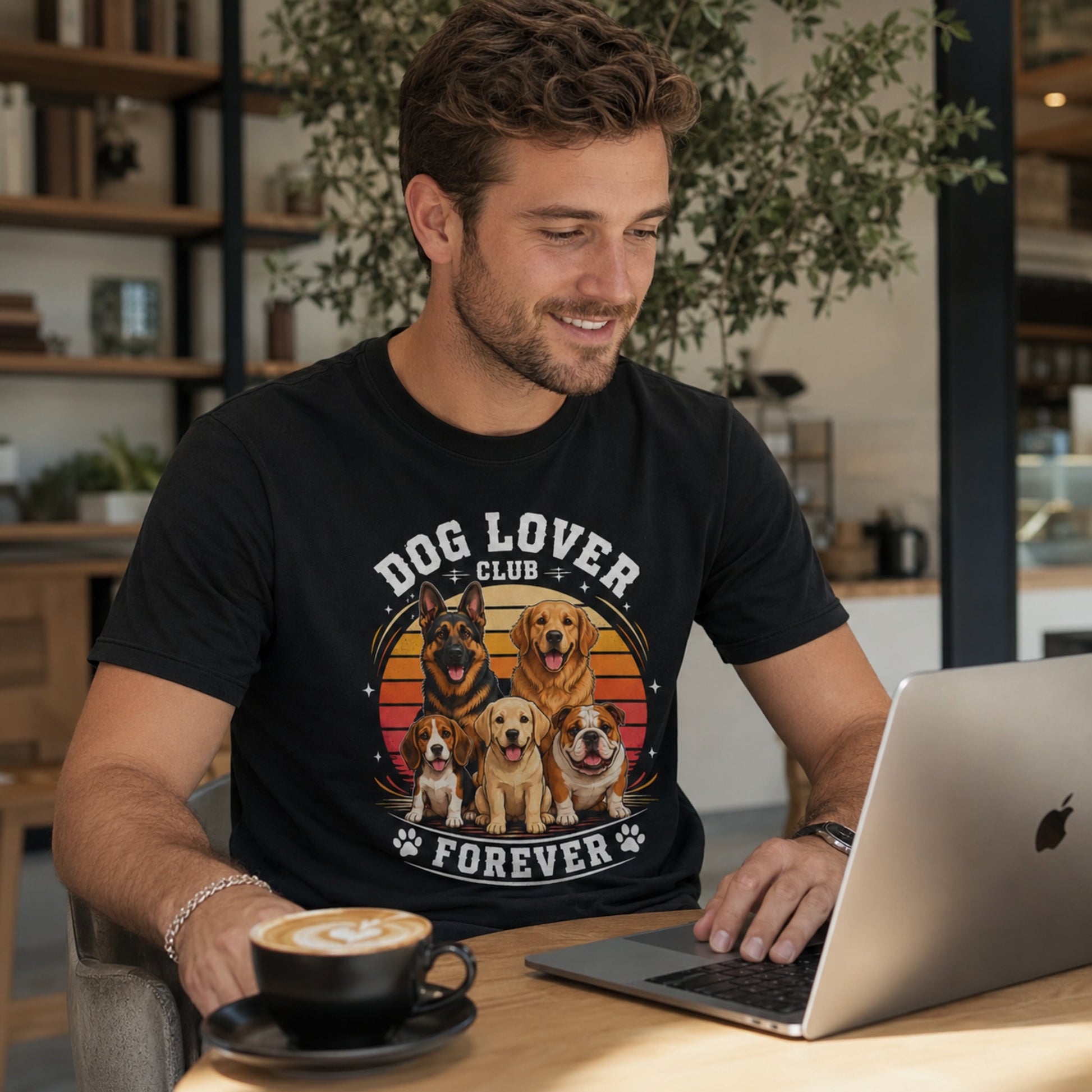 Man wearing a black Dog Lover Club Forever T-shirt with multi-breed dog artwork while using a laptop with coffee at a cafe table