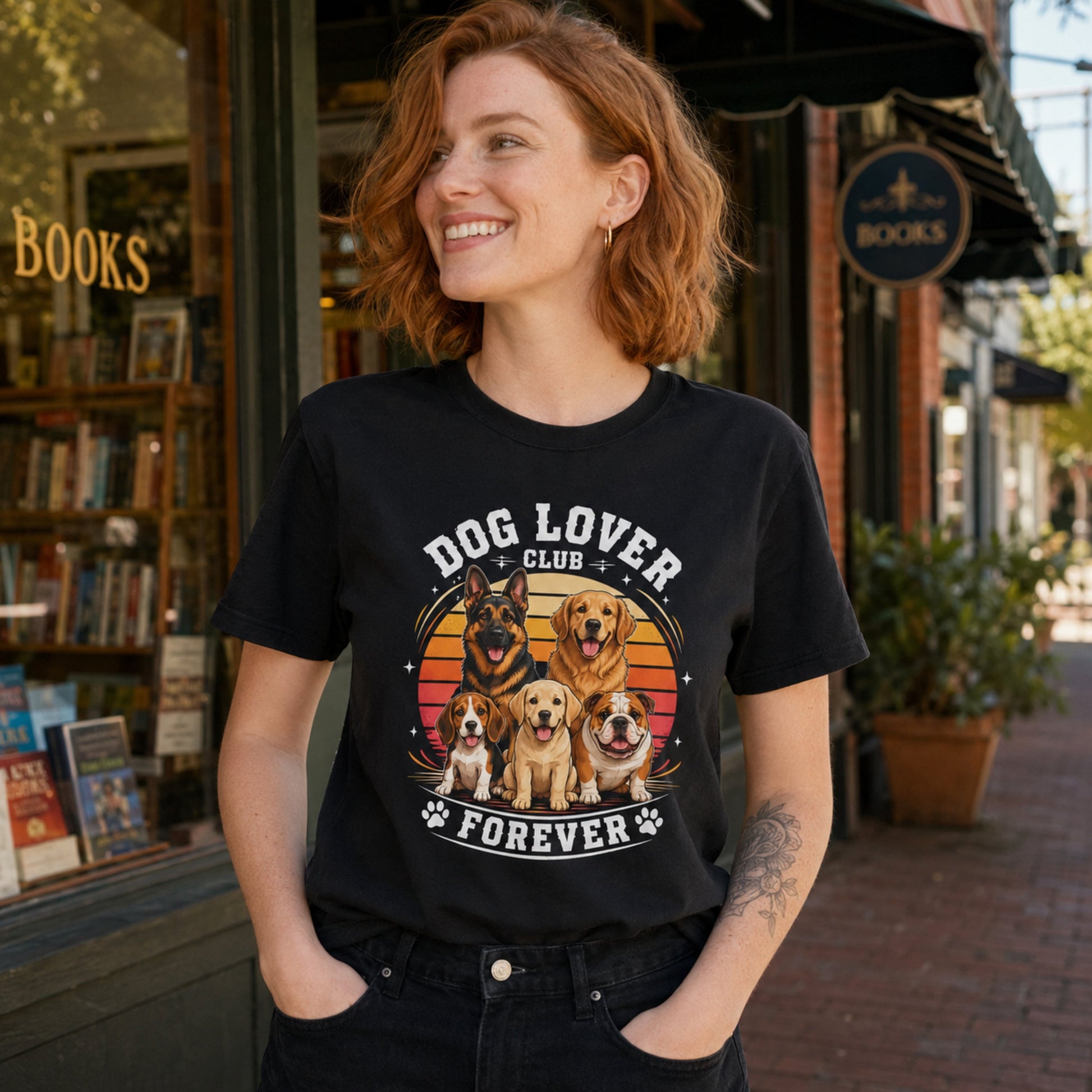 Woman wearing a black Dog Lover Club Forever T-shirt with multi-breed dog artwork outside a bookstore