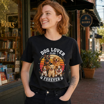 Woman wearing a black Dog Lover Club Forever T-shirt with multi-breed dog artwork outside a bookstore