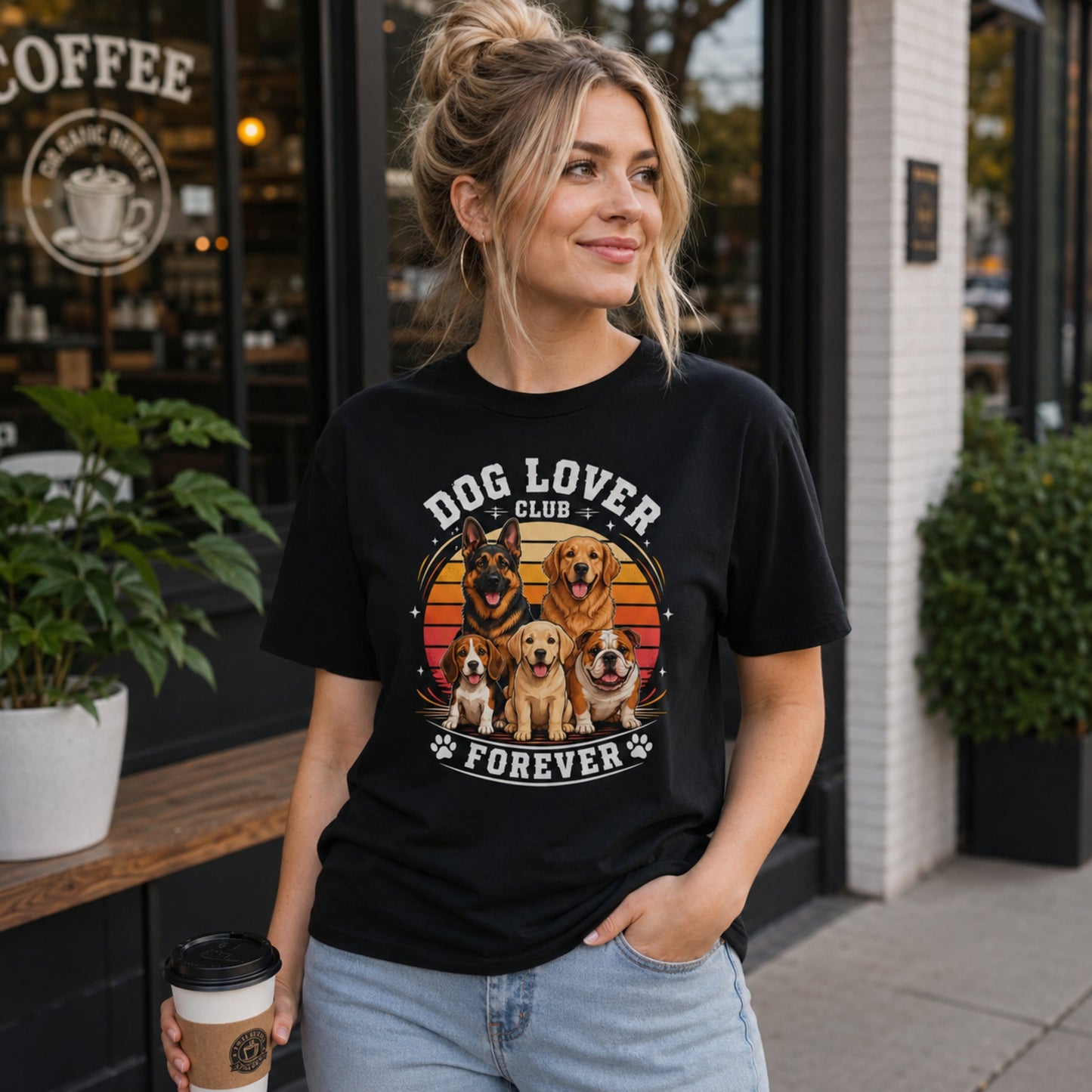 Woman wearing a black Dog Lover Club Forever T-shirt with multi-breed dog artwork outside a coffee shop