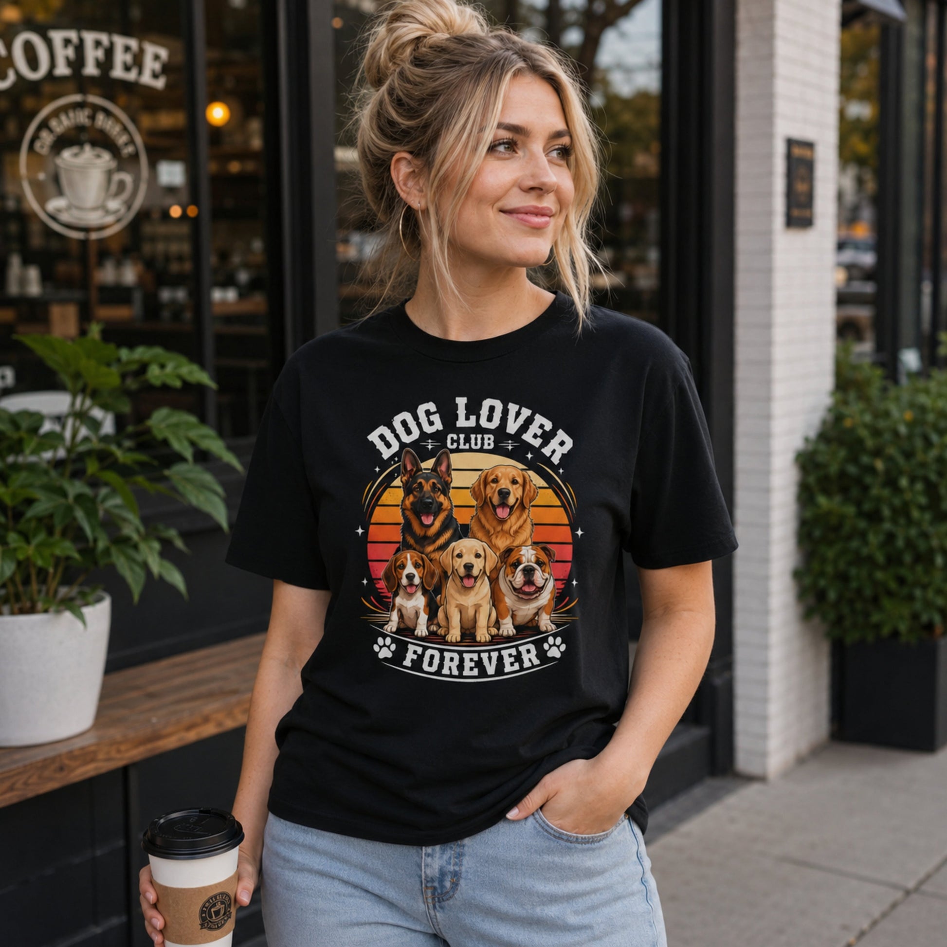 Woman wearing a black Dog Lover Club Forever T-shirt with multi-breed dog artwork outside a coffee shop