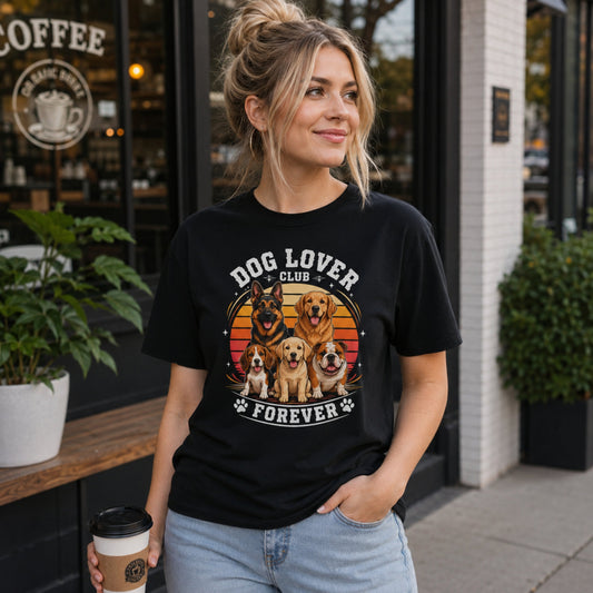 Woman wearing a black Dog Lover Club Forever T-shirt with multi-breed dog artwork outside a coffee shop