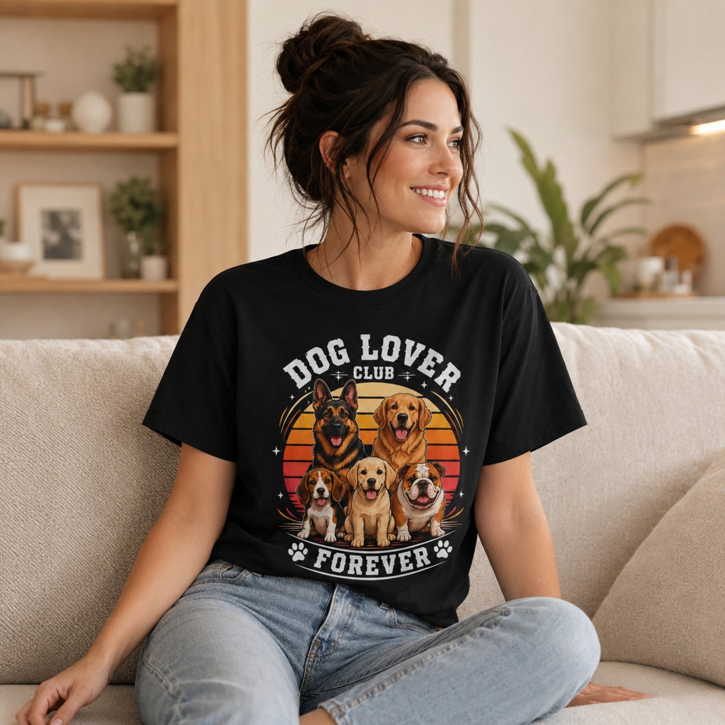 Woman wearing a black “Dog Lover Club Forever” T-shirt while sitting on a sofa in a cozy indoor lifestyle scene.