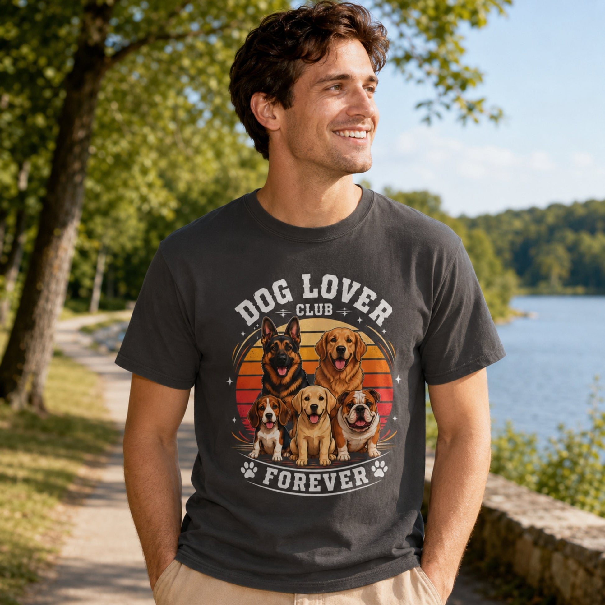 Man wearing a graphite Dog Lover Club Forever T-shirt with multi-breed dog artwork on a lakeside walking path