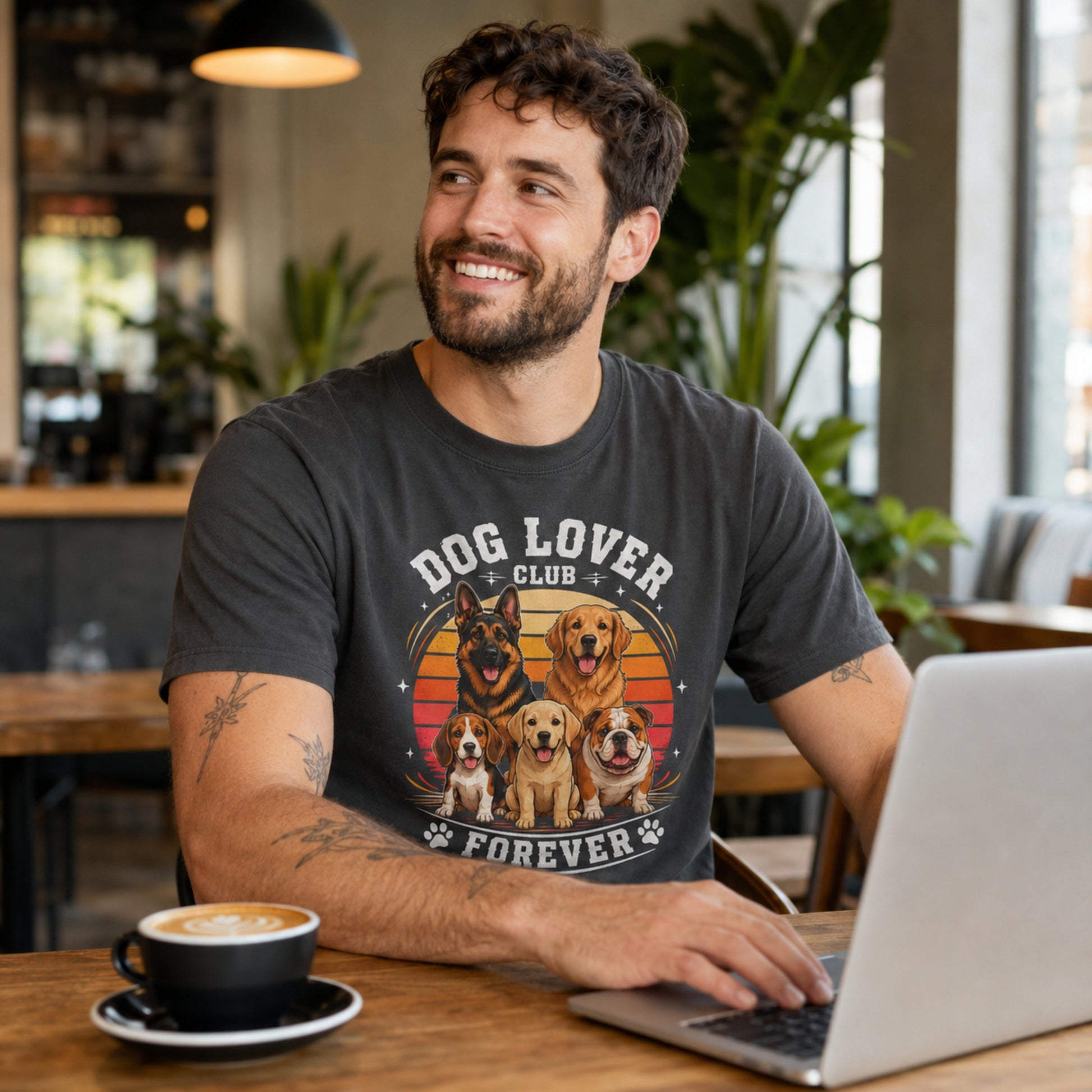Man wearing a graphite “Dog Lover Club Forever” T-shirt while working on a laptop with coffee in a cafe.