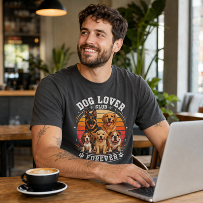 Man wearing a graphite “Dog Lover Club Forever” T-shirt while working on a laptop with coffee in a cafe.