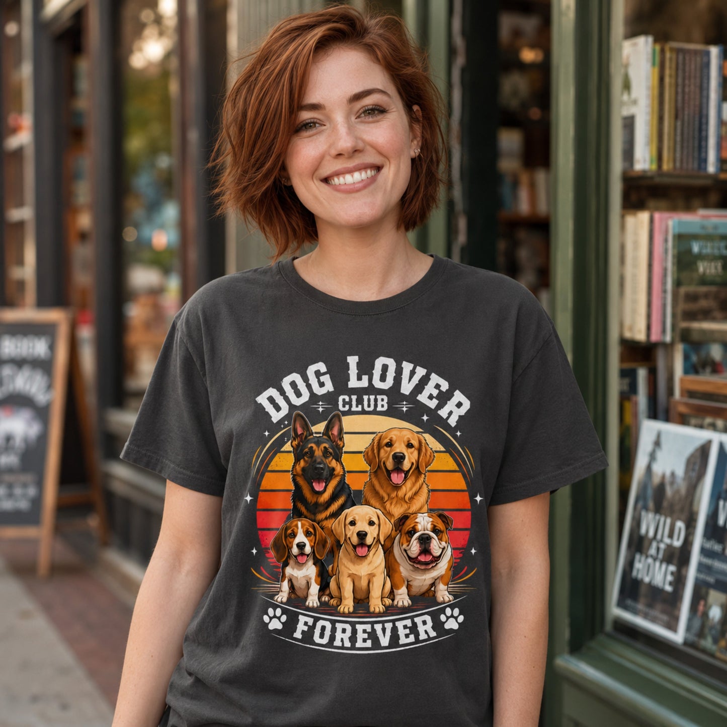 Woman wearing a graphite Dog Lover Club Forever T-shirt with multi-breed dog artwork outside a bookstore
