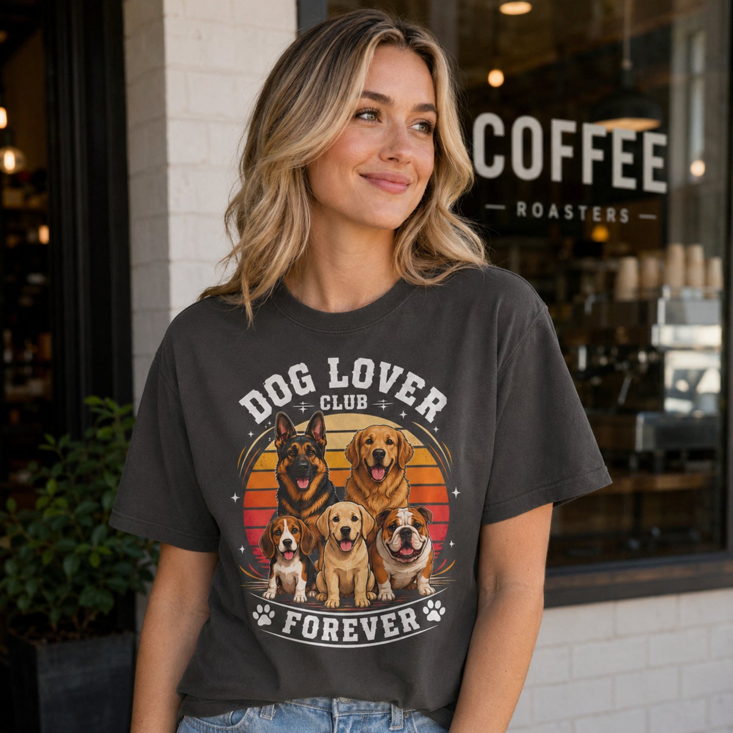 Woman wearing a graphite Dog Lover Club Forever T-shirt with multi-breed dog artwork outside a coffee shop