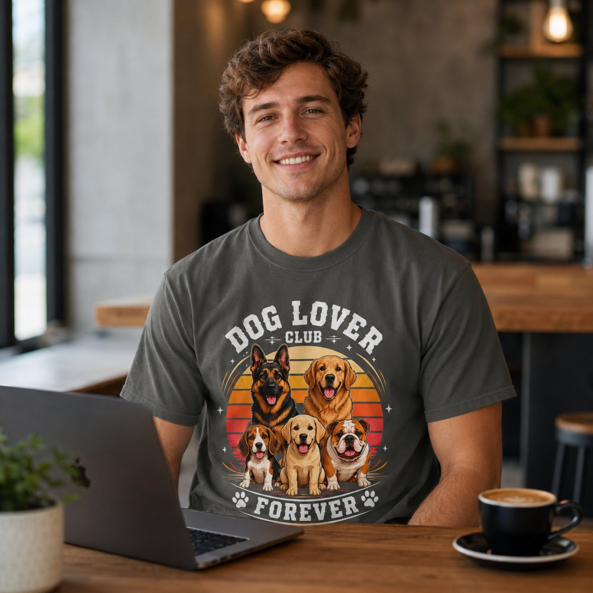 Man wearing a pepper Dog Lover Club Forever T-shirt with multi-breed dog artwork at a cafe table