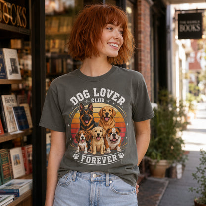Woman wearing a pepper Dog Lover Club Forever T-shirt with multi-breed dog artwork outside a bookstore