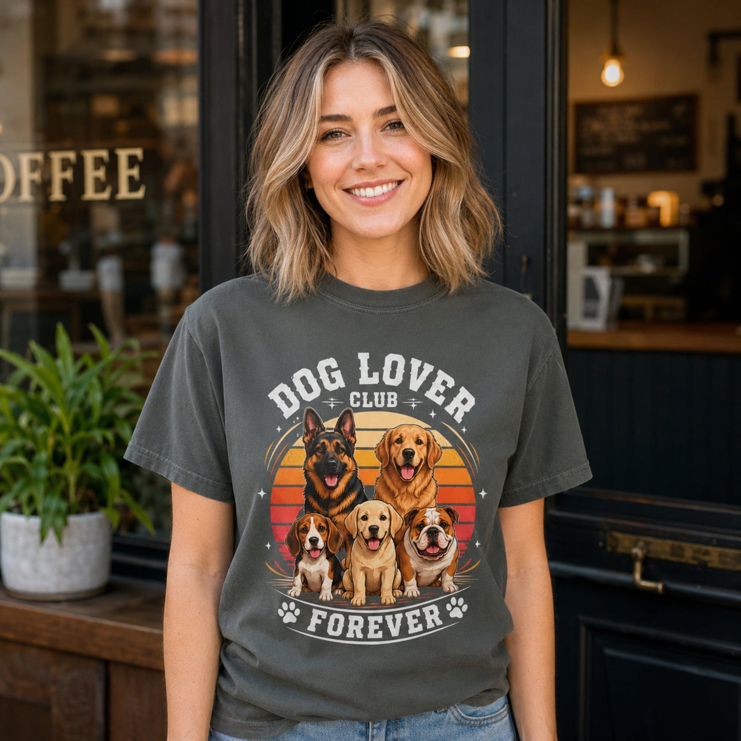 Woman wearing a pepper Dog Lover Club Forever T-shirt with multi-breed dog artwork outside a coffee shop