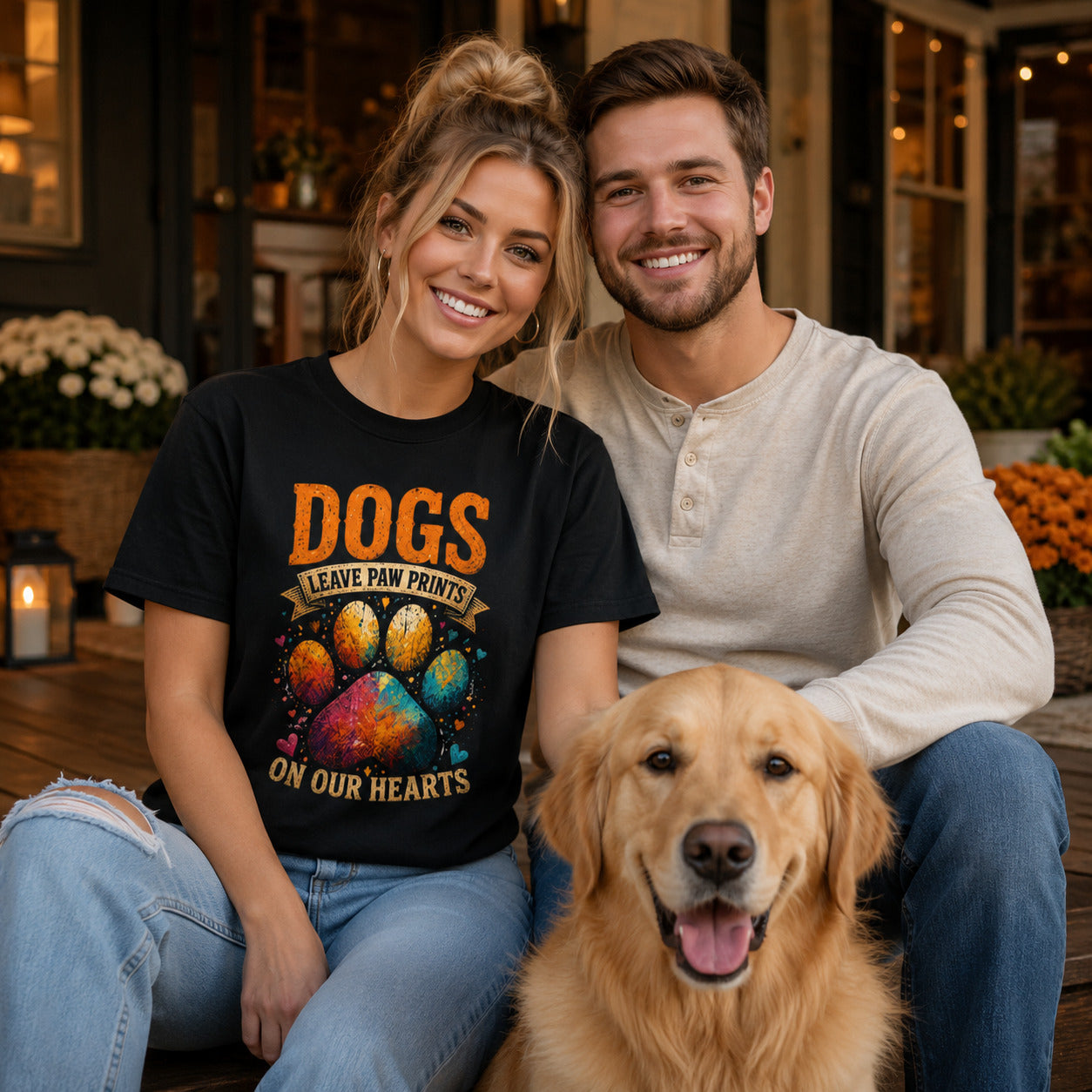 Couple sitting on a porch with their golden retriever, wearing black 'Dogs Leave Paw Prints On Our Hearts' t-shirts