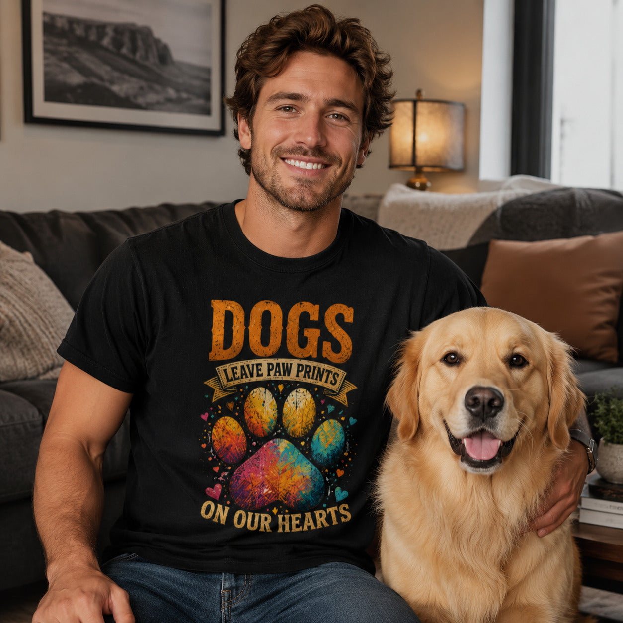 Man sitting on a couch with his golden retriever, wearing black 'Dogs Leave Paw Prints On Our Hearts' t-shirt