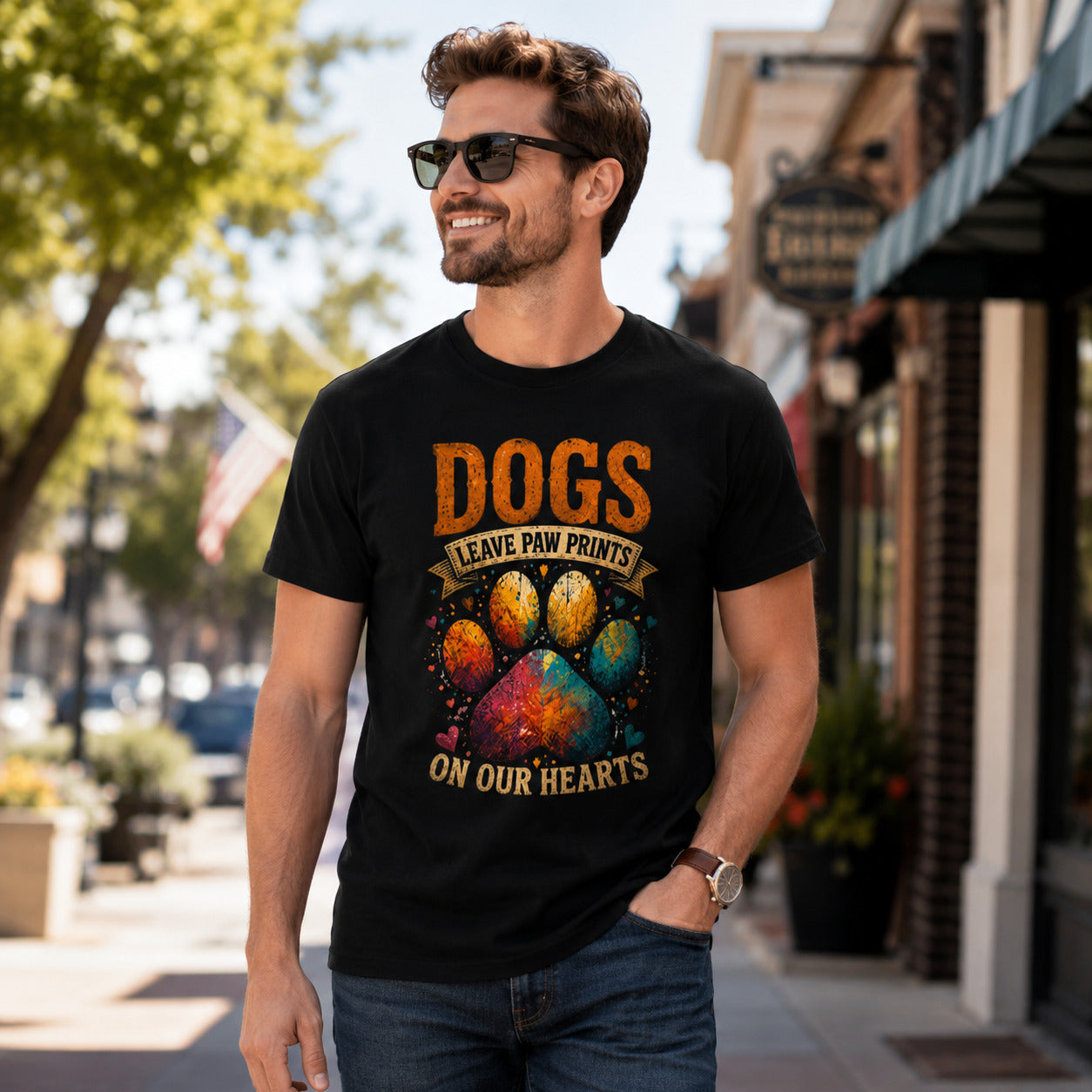 Man walking a street with sunglasses near an American flag, wearing black 'Dogs Leave Paw Prints On Our Hearts' t-shirt