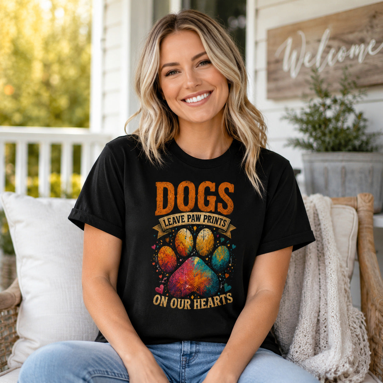 Woman standing on a porch near a 'Welcome' sign, wearing black 'Dogs Leave Paw Prints On Our Hearts' t-shirt