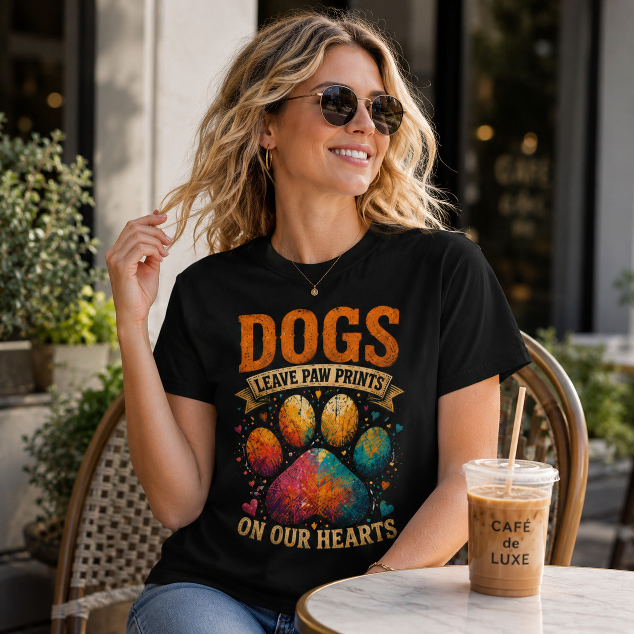 Woman walking a street with sunglasses holding iced coffee, wearing black 'Dogs Leave Paw Prints On Our Hearts' t-shirt