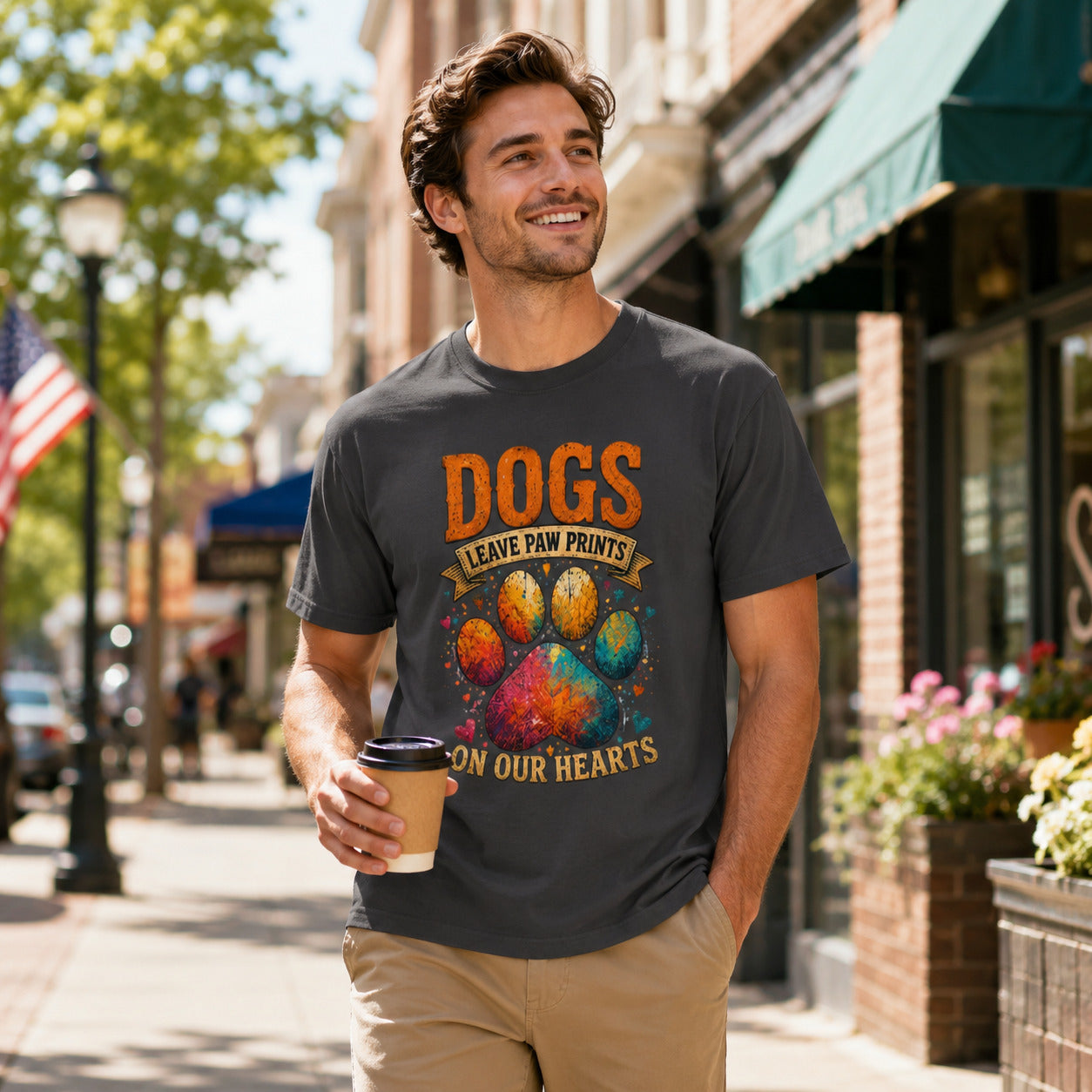Man walking a street holding coffee near an American flag, wearing graphite 'Dogs Leave Paw Prints On Our Hearts' t-shirt