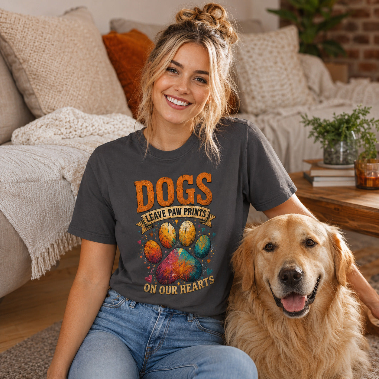 Woman sitting on a couch with her golden retriever, wearing graphite 'Dogs Leave Paw Prints On Our Hearts' t-shirt